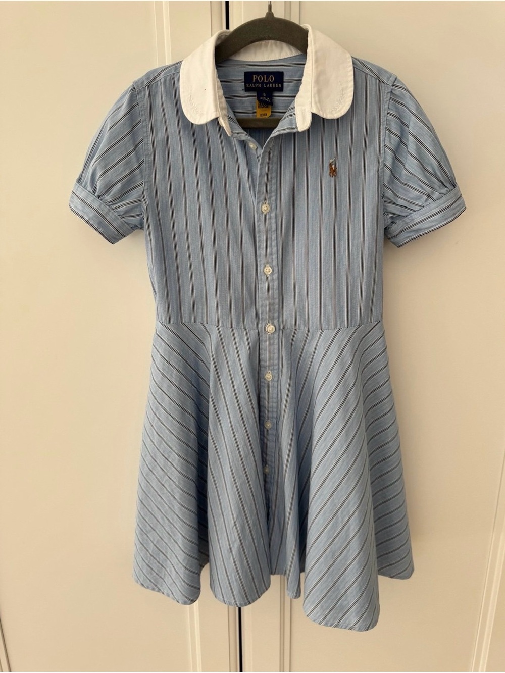 Polo by Ralph Lauren Blue and White Striped Cotton Kids Dress with White Collar